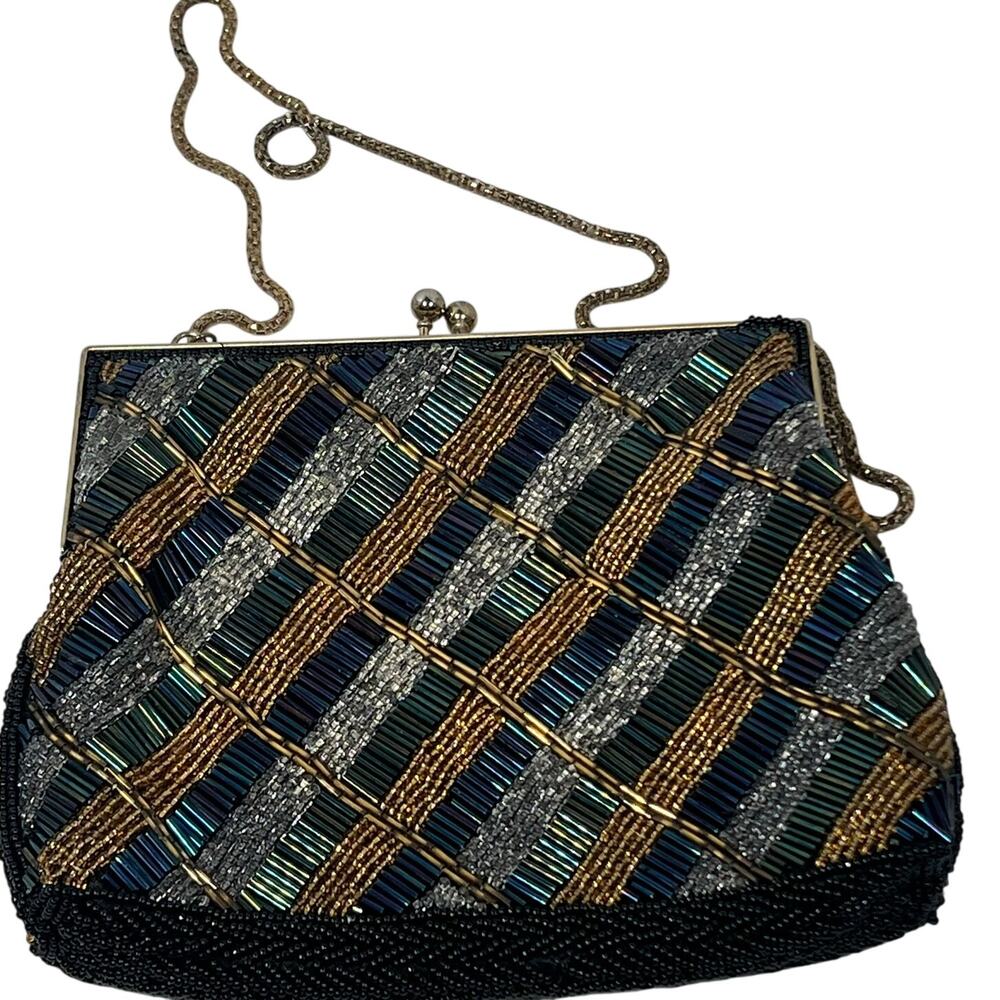 Vintage La Regale Ltd Cobalt Blue Gold Silver Beaded Statement Bag Metal Chain